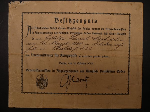 3x Urkunde - Erinnerungs-Medaille aus erbeuteten Kanonen-Bronze + Kriegs-Denkmünze + Verdienstkreuz für Kriegshilfe