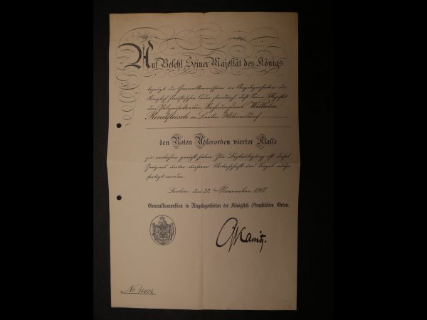 Award certificate Red Eagle Order fourth class 1917