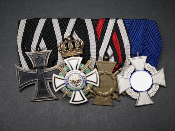 Medal bar 1st + 2nd World War - Iron Cross 2nd Class 1914 + Royal House Order of Hohenzollern, Knight's Cross with Swords + War Participant's Cross + 25 Faithful Services +++