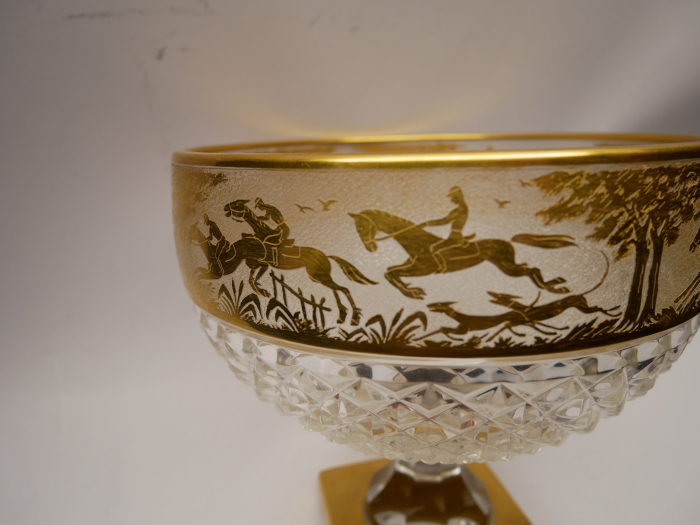 Erich Honecker Estate. Large Footed Bowl with Fox Hunting Motif. Gold Overlay, Josephinenhütte