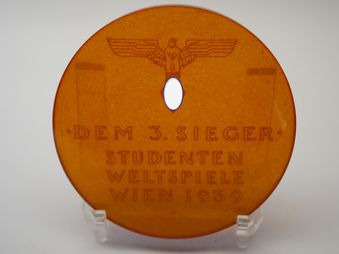 Bernstein Plakette / Medaille - "Dem 3. Sieger" Studenten Weltspiele Wien 1939 im Etui