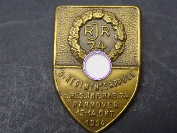 Badge - 5th regimental roll call Res. Inf. Reg. 74 Hannover 1934