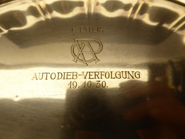 Silber Schale mit Gravur " 1. Preis Autodieb-Verfolgung 1930 " Halbmond Krone 835 Walter Schell