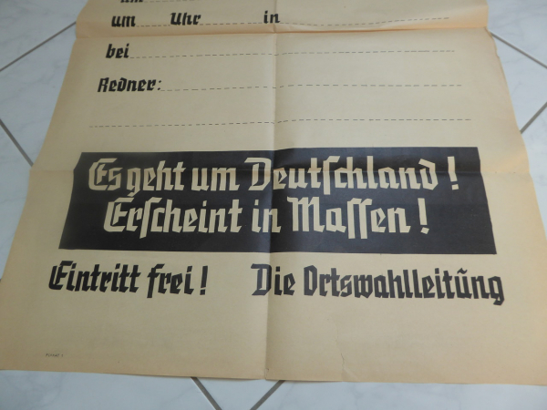 Plakat - Versammlung "Es geht um Deutschland ! Erscheint in Massen !"