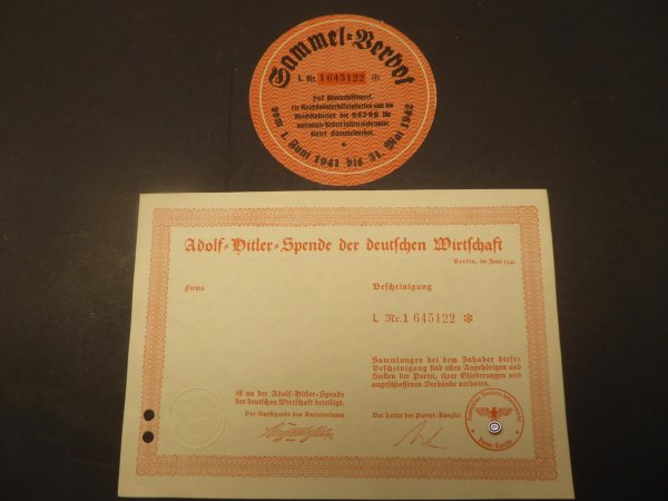 Adolf Hitler donation from the German economy in 1941 + door badge collection ban 1941, matching numbers.