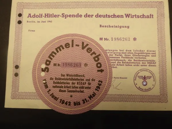 3x Adolf Hitler donation from the German economy 1942 + 3x door badge collection ban 1942, matching numbers