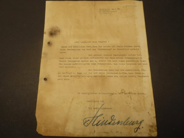 Historically rare letter - The son of Hindenburg thanks Eckener for the name of the airship Hindenburg, 1936