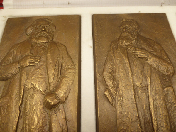 Three large plaques in a case - Marx + Engels + Lenin
