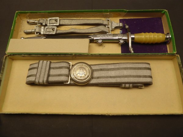 GDR NVA army service dagger with hanger and parade armband in box