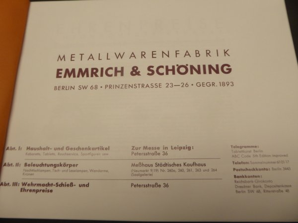Katalog Metallwarenfabrik Emmerich & Schöning, Berlin 1938 - Wehrmacht Schieß- und Ehrenpreise
