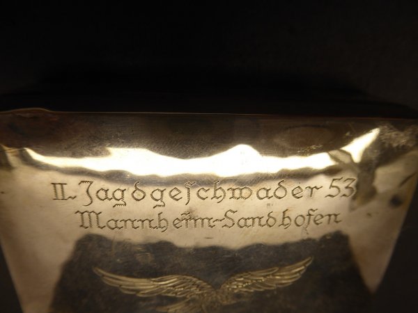 LW Luftwaffe silver box with engraving - 2nd Fighter Squadron 53 - Mannheim Sandhofen 1937 - 1939