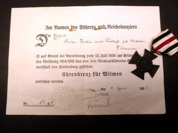 KTK War Cross 1914/1918 for widows with certificate