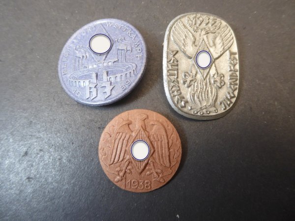 3 HJ badges - German Youth Festival 1935 + 1938 + Reich Sports Competition 1939