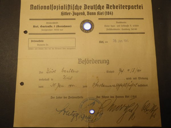 Document group of a HJ senior comradeship leader Gefolgschaft 184 Kiel - 3 ID cards + promotions