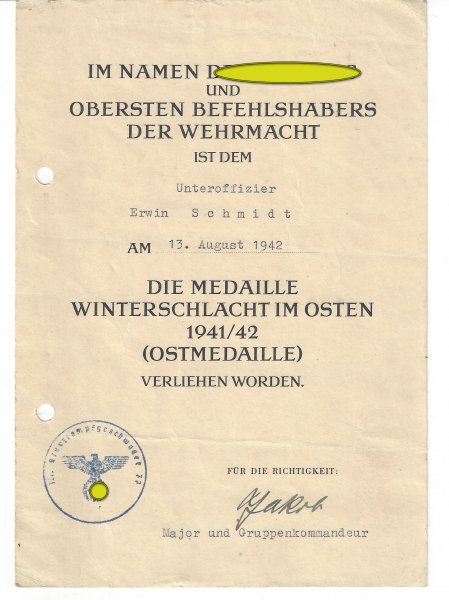 WW2 certificate winter battle in the east for the NCO