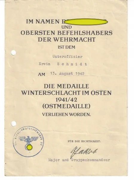 ww2 Urkunde Winterschlacht im Osten für den Unteroffizier