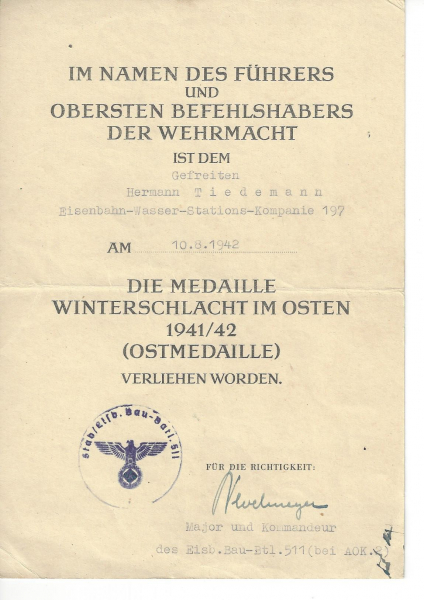 Ww2 Wehrmacht Certificate Winter Battle in the East