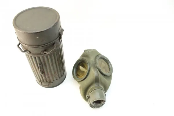 Wehrmacht and Luftwaffe gas mask box with mask, LS stamped, manufacturer and WaA, replacement lenses, embroidered wearer's name