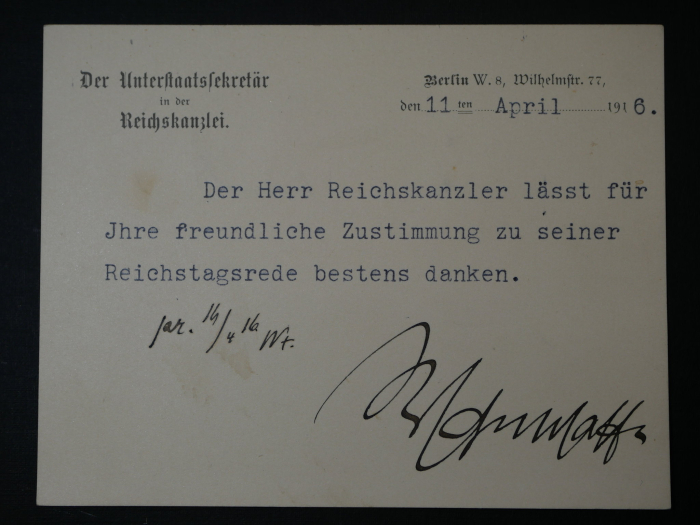 Dankeskarte von 1916 eines Unterstaatssekretär in der Reichskanzlei im Namen von Reichskanzler Theobald von Bethmann Hollweg