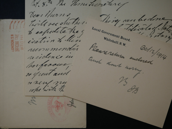 Autograph John Elliot Burns (1858-1943) - Britischer Politiker - Umschlag + Karte mit Unterschrift, Anschreiben an Burns