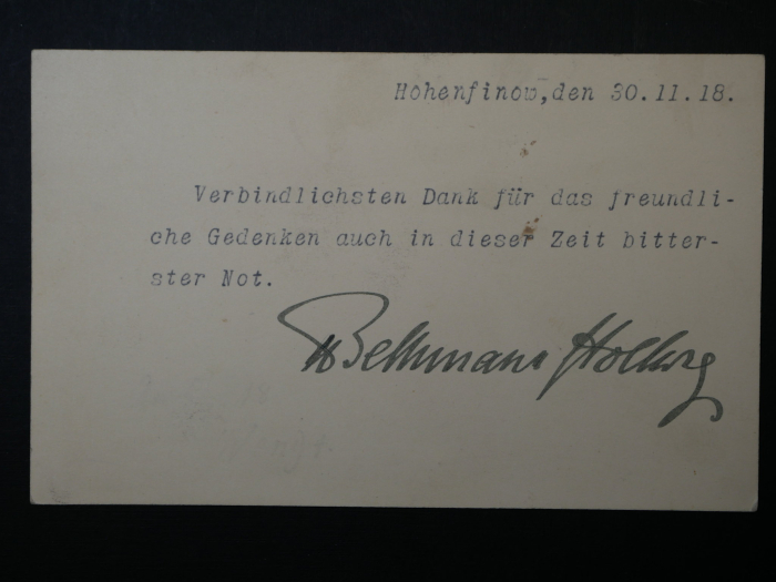Autograph - Theobald von Bethmann Hollweg (1856 - 1921) - signierte Grußkarte, 1918. Innenminister, Reichskanzler