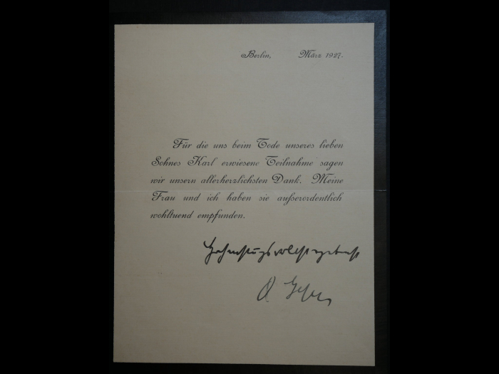 Autograph – Otto Geßler (1875–1955) – Thank-you card with autograph signature, 1927. Minister of the Reichswehr