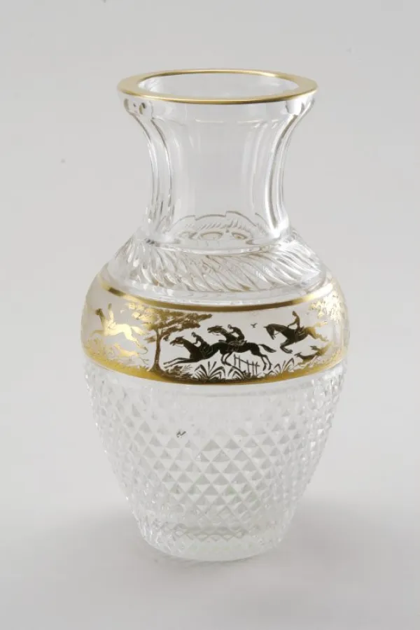 Erich Honecker Estate. Large Crystal Vase with Fox Hunt Motif. Gold Overlay, Josephinenhütte.