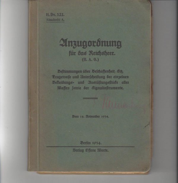 ww2 German H. Dv. 122. Suit regulations for the Reichsheer (H.A.O.). Section D. Suit Regulations