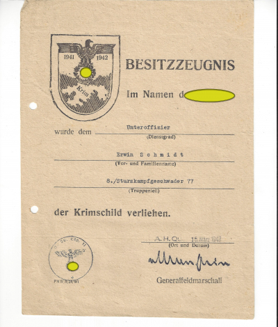 ww2 Wehrmacht Rare Luftwaffe - Crimean shield - possession certificate