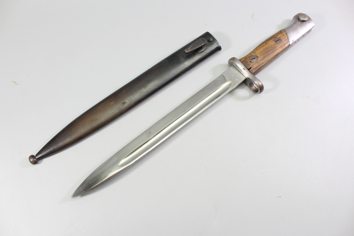 Brasilien, Seitengewehr M 1908 für Mauser Gewehre mit Leder Scheide Hersteller Simson & Co. Suhl.