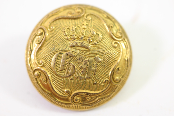 2x Metal uniform buttons with crowned ruler monogram, from an old uniform tailor's stock
