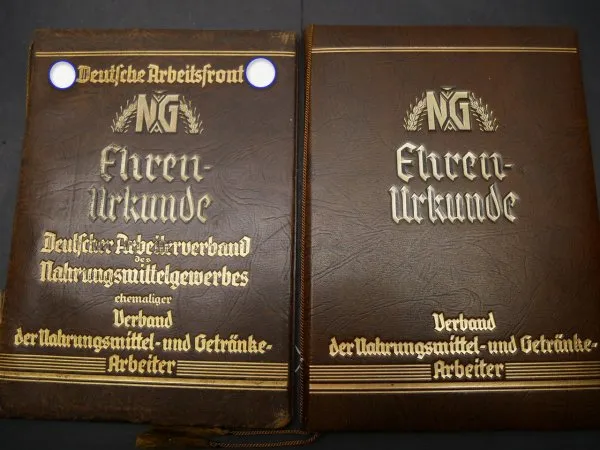 Two certificate folders + one certificate - German Labour Front - Certificate of Honor Association of Food and Beverage Workers