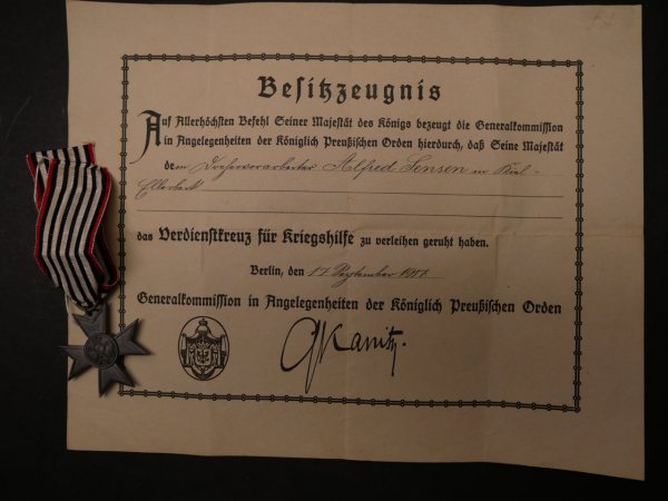 Cross of Merit for War Aid with Certificate 1917