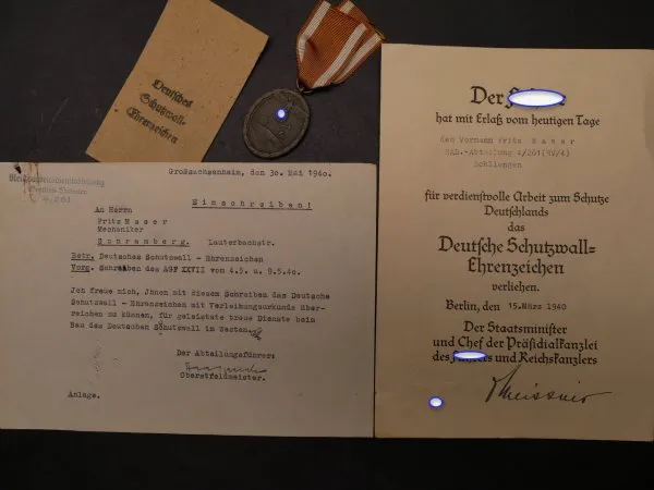 German Protection Wall Medal on ribbon with bag + certificate + cover letter