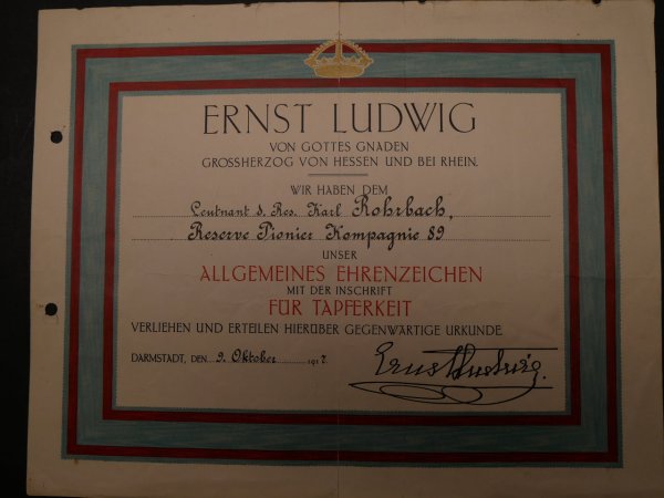 Certificate Hessen 1917 for General Medal for Bravery Reserve Pioneer Company 89