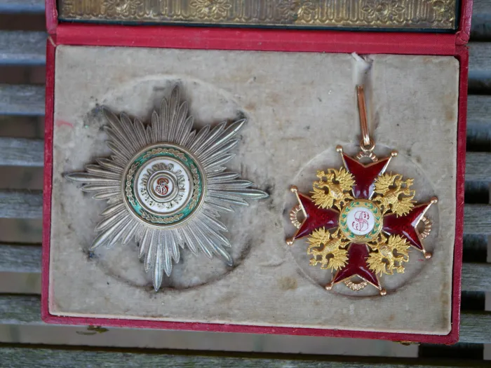 Zaristisches Russland St. Stanislaus Orden Satz 1. Klasse - Bruststern und Kreuz im Etui