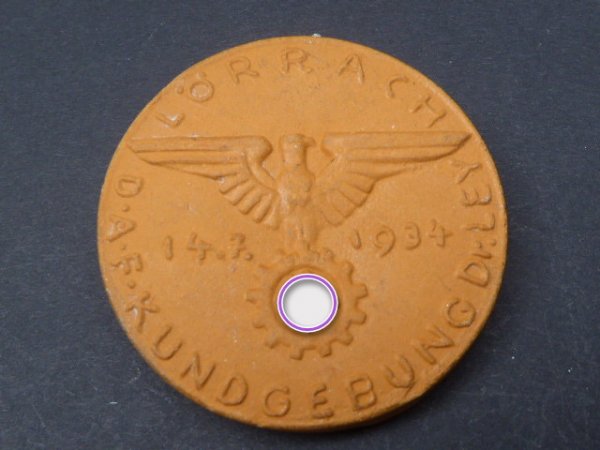 Seltenes Ton - Abzeichen Lörrach DAF Kundgebung Dr. Ley 1934