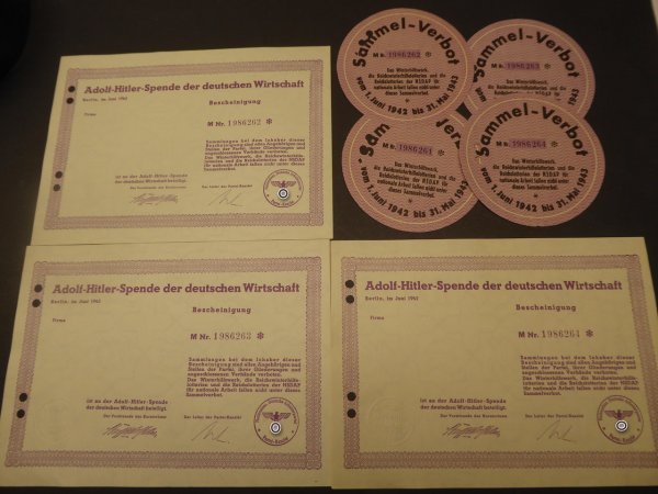 3x Adolf Hitler donation from the German economy 1942 + 3x door badge collection ban 1942, matching numbers