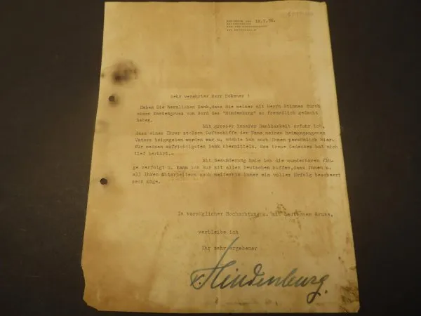 Historisch seltener Brief - Der Sohn von Hindenburg dankt Eckener zur Namen des Luftschiffs Hindenburg, 1936