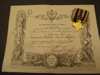 Memorial cross 1866 Königgrätz on a ribbon + certificate