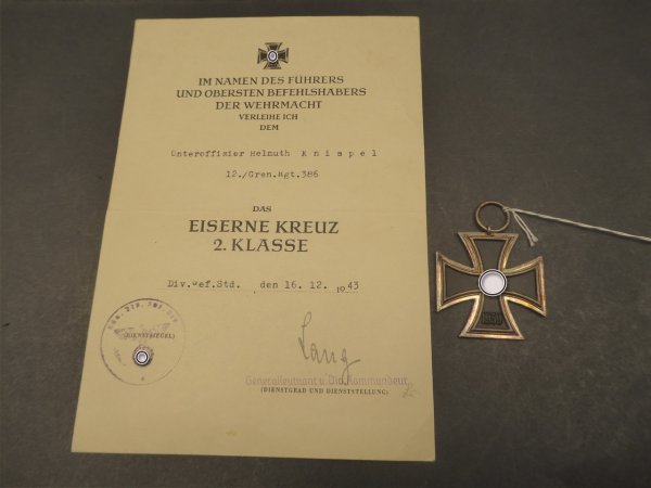 Order - EK2 Iron Cross 2nd Class + Certificate 12./Gren.Rgt.386