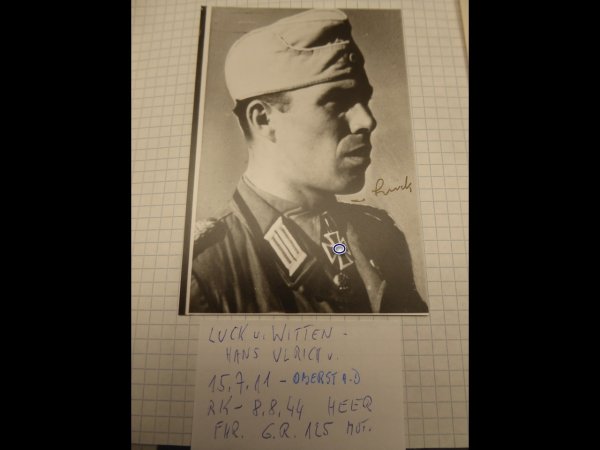 Knight's Cross holder Hans-Ulrich von Luck und Witten, repro photo after 45 with original signature
