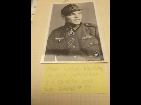 Knight's Cross recipient First Class Corporal Franz Weber, repro photo after 45 with original signature