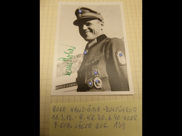 Knight's Cross recipient Lieutenant Hans Rohr, repro photo after 45 with original signature
