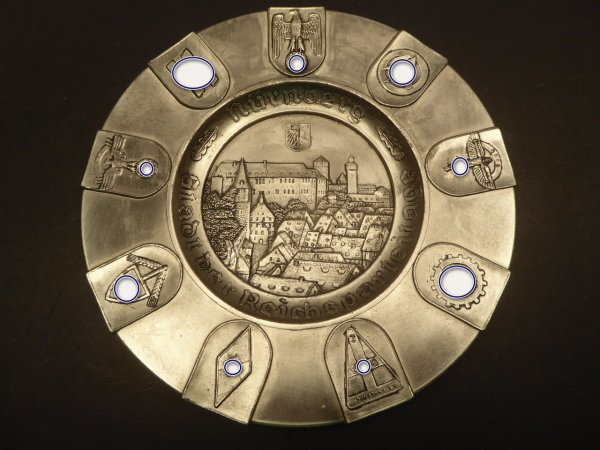 Pewter plate Nuremberg "The City of the Nazi Party Rallies" with all groups