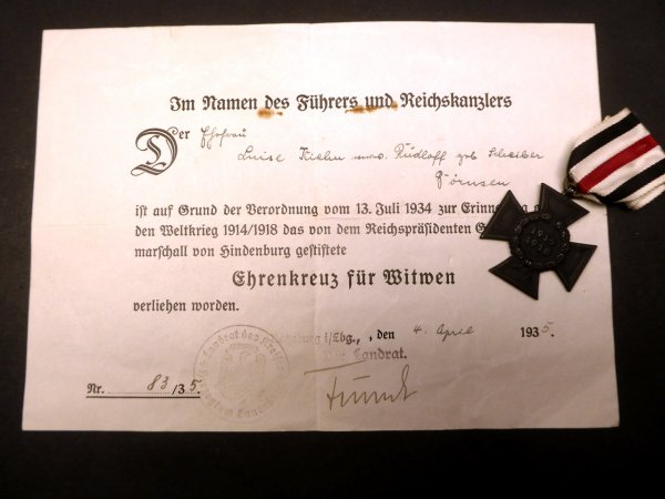 KTK Kriegsteilnehmerkreuz 1914/1918 für Witwen mit Urkunde