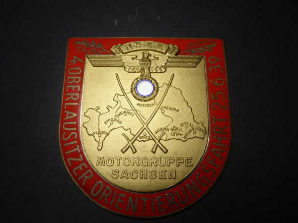 Sachsen NSKK Plakette - 4. Oberlausitzer Orientierungsfahrt 1939 mit Hersteller Aurich Dresden - 1. Preis
