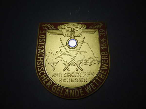 Saxony NSKK plaque - 5th East Saxony terrain competition 1939 with manufacturer Aurich Dresden - 1st prize