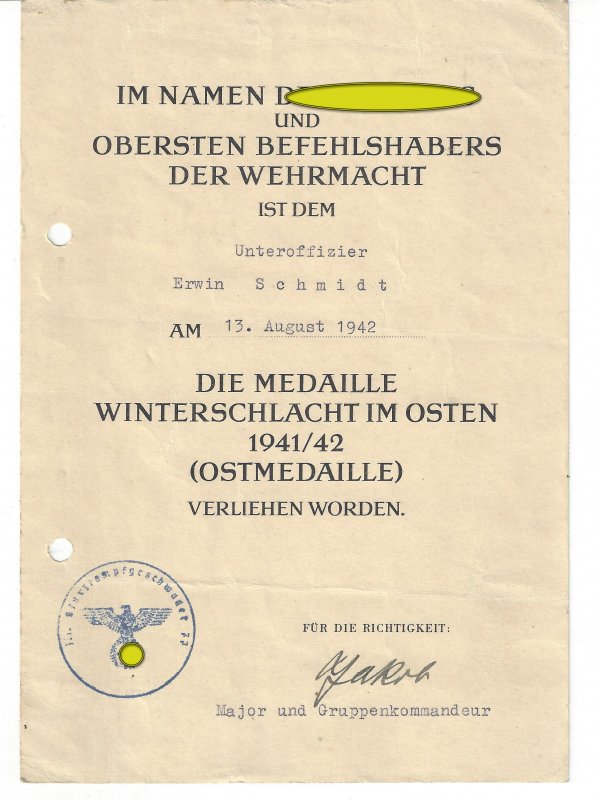 WW2 certificate winter battle in the east for the NCO