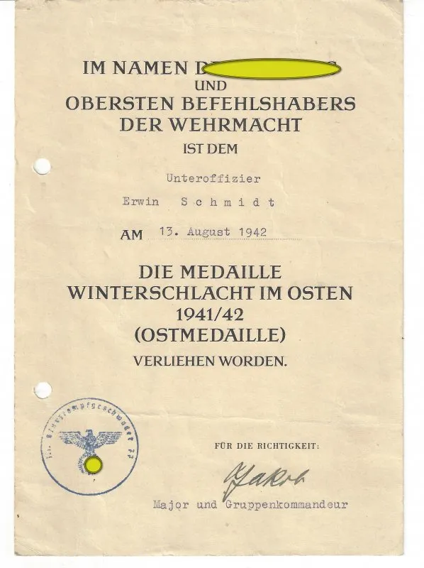 ww2 Urkunde Winterschlacht im Osten für den Unteroffizier